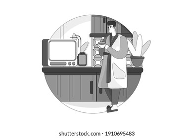 Young man looking at the oven in the kitchen. Flat illustration isolated on white background.