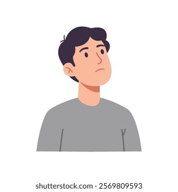 young man is looking up with a puzzled expression