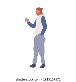 Young man looking at screen of mobile phone while walking. Bearded guy in sportswear using smartphone on the go. Colored flat vector illustration isolated on white background