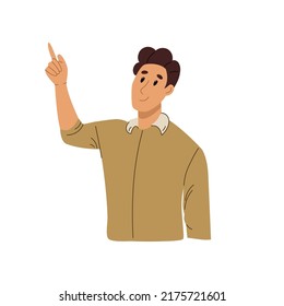 Young Man Looking Up And Showing Something. Smiling Guy Pointing Upward With Finger. Flat Vector Illustration