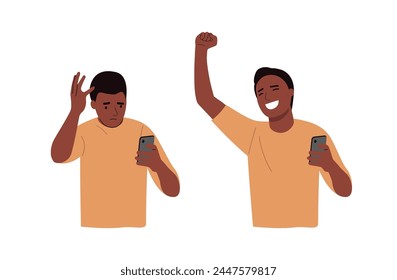 Young man looking in the smartphone and experiences fear, fright, stress. Man shows a positive gesture. Flat style cartoon vector illustration.