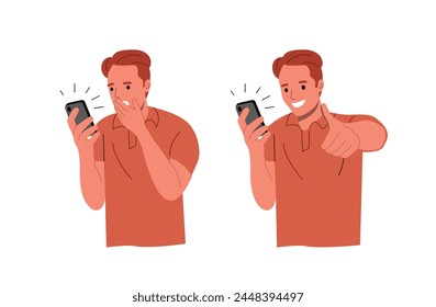 Young man looking in the smartphone and experiences fear, fright, stress. Man shows a positive gesture. Flat style cartoon vector illustration.