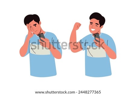 Young man looking in the smartphone and experiences fear, fright, stress. Man shows a positive gesture. Flat style cartoon vector illustration.
