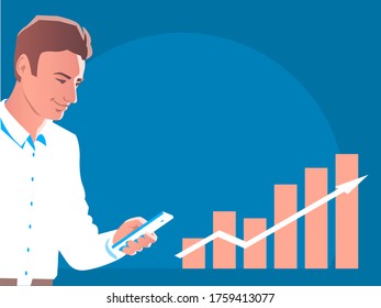 A young man is looking at a smartphone. Happy schedule of financial growth. Vector illustration of a banner on the theme of a successful business. Place for text.