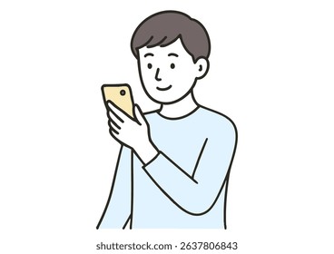 Young man looking at a smartphone on white background