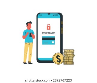 A Young man looking at the smartphone. online and contactless payment system