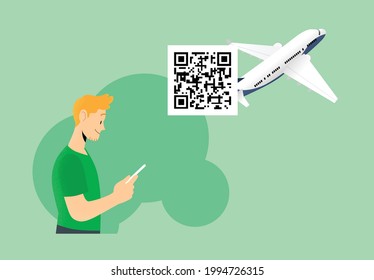 Young man looking at smartphone screen with qr code and airplane on background vector. Concept of digital sanitary pass and travel authorization. Certificate of immunity and vaccination.