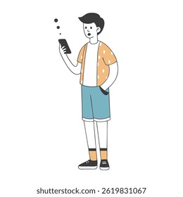 Young man looking at smartphone with surprised expression. Minimalist illustration.