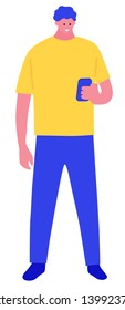 Young man looking and smiling with cheerful expression while texting to friend, using mobile phone, isolated on white background. Vector flat cartoon illustration concept