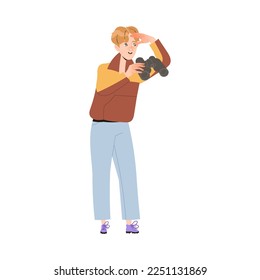 Young Man Looking at Something Interesting with Binoculars Vector Illustration