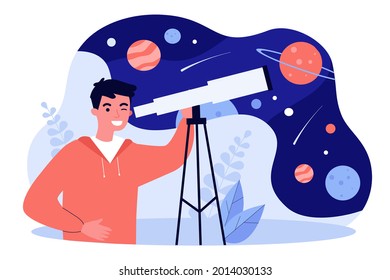 Hombre joven mirando estrellas y planetas a través del telescopio. Niño que utiliza equipos para observar la ilustración de vector plano espacial. Astronomía, concepto de educación para banner, diseño de sitios web o página web de aterrizaje