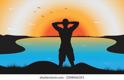 O jovem está olhando para o nascer do sol.