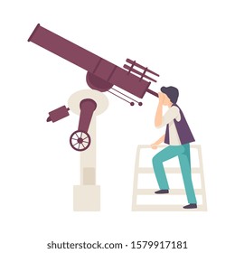 Young Man Looking in Telescope Searching for Constellation Vector Illustration