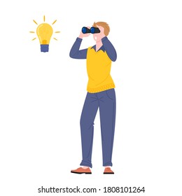 Young man looking through binoculars standing, near light bulb symbol idea. Plagiarism or idea search concept. Flat vector illustration.