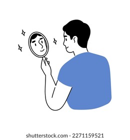 Young man looking through the mirror and smiling. Love yourself, self care, self acceptance concept. Linear vector illustration.