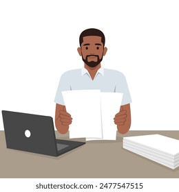 Young man looking through paper documents, satisfied with research. Flat vector illustration isolated on white background