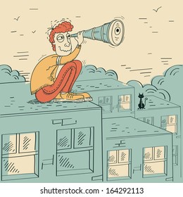 Young man looking through a telescope and sitting on roof of building.Vector cartoon illustration 