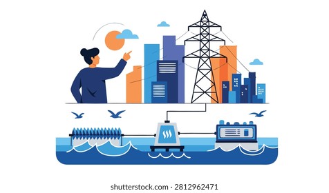 Young man looking at tidal wave energy power generation system supplying clean electricity to modern smart city.