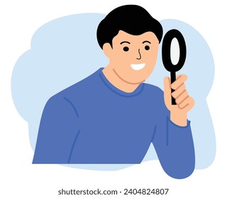 young man looking using a magnifying glass or concept of searching job vacancy