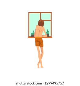 Young Man Looking at Window, Guy Spending Weekend at Home and Relaxing, Back View, Rest at Home Vector Illustration