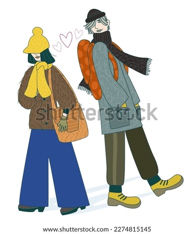 Young man looking at young woman in the street. Love at first sight. Love concept. Vector illustration isolated on white background.
