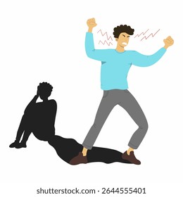 Um jovem parece zangado com uma sombra de tristeza atrás dele. Conceito de transtorno bipolar.	