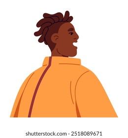 Young man looks aside and shouts back view. Black boy with surprised facial expression. Person with open mouth by shocked, excited emotions. Flat isolated vector illustration on white background