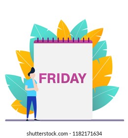 A young man looks at the calendar.Vector illustration.