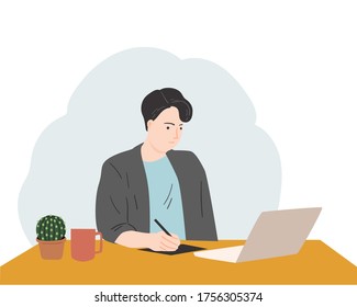 Young man looks concetrated using laptop computer. Work, study remotely. Online education. working from home by laptop.