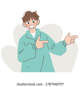 The young man looks confident, successful, points with both hands at something and is proud of himself. A gesture of satisfaction with the result. Funny cute asian cartoon flat character design.