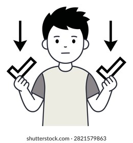 A young man looks confused while holding two checkmarks, conveying uncertainty or indecision in a simple cartoon style.
