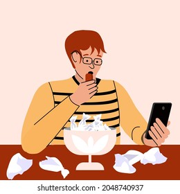 A young man looks at his smartphone and eats sweets. Dependence on gadgets. Vector illustration
