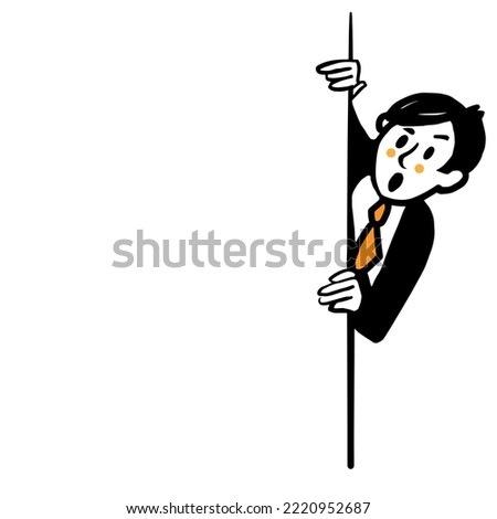 A young man looks out from around the corner. A design element with space for text. Vector doodle illustration
