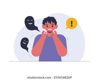 Young man looks scared, his face shows anxious expression, around his head, there are two scary shadow figures smiling sinisterly, vector illustration of health problem.