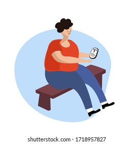 A young man looks at the screen of a mobile phone with a surprised face. The guy reads the news in the smartphone. A man sits with a cellphone in a park on a bench. Vector illustration in flat cartoon