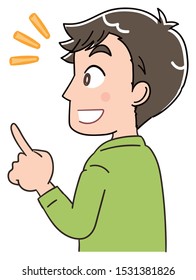 Young man looks at something. He is pointing