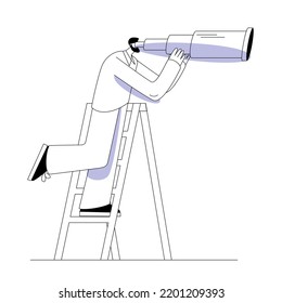 A young man looks from a stepladder through binoculars. Conceptual illustration on the topic of strategic planning in business.