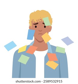 Young man looks stressed as colorful sticky notes float around him. Overwhelmed with Tasks. Flat vector illustration isolated on white background