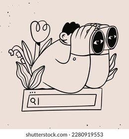 Young man looks through a binoculars on a search bar with flowers. Searching, finding, web surfing, looking for opportunities concept. Hand drawn Vector illustration. Isolated design element