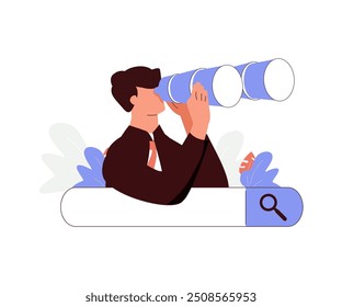 Young man looks through a binoculars on a search bar with flowers. Searching, finding, web surfing, looking for opportunities concept. Hand drawn Vector illustration. Isolated design element