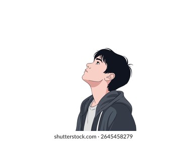 Young man looks upward with curiosity, expectation
