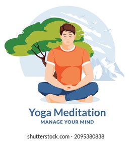 Young man in lotus pose. Meditation, concentration and mind control. Nature landscape with big tree and mountains. Yoga for anyone. Isolated on round composition. Flat vector illustration