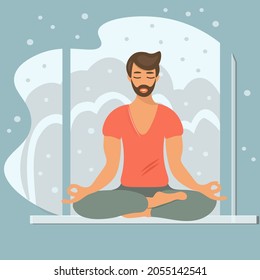 Young man in lotus position doing yoga on the windowsill. The guy relieves stress, meditates on the background of snowy trees. Isolation concept, healthy lifestyle. Vector illustration in flat style.
