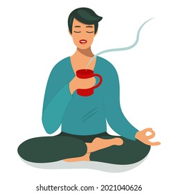 A young man in a lotus position drinks coffee and meditates. The concept of isolation, relaxation, healthy lifestyle and pause at work over a cup of coffee or tea. Vector cartoon flat illustration.