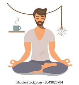 Un joven en posición de loto practica yoga y medita. El tipo con las piernas cruzadas y los ojos cerrados se está relajando. Estilo de vida saludable. Diseño plano de dibujos animados aislados de vectores para impresión, web y