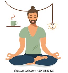 A young man in the lotus position practices yoga and meditates. A hipster with closed eyes relaxes over a cup of coffee. Healthy lifestyle. Vector isolated cartoon flat design for print, web, ad.