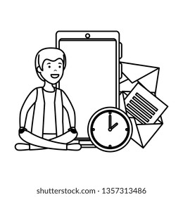 young man in lotus position with smartphone