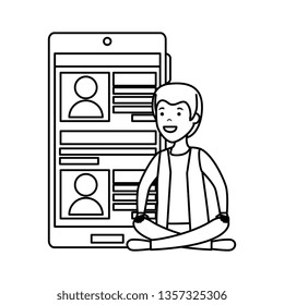 young man in lotus position with smartphone