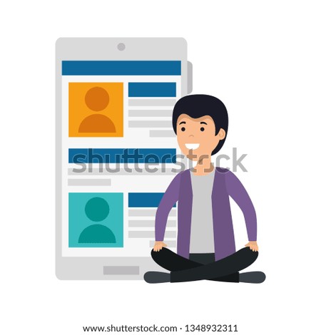 young man in lotus position with smartphone