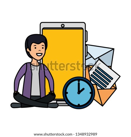 young man in lotus position with smartphone